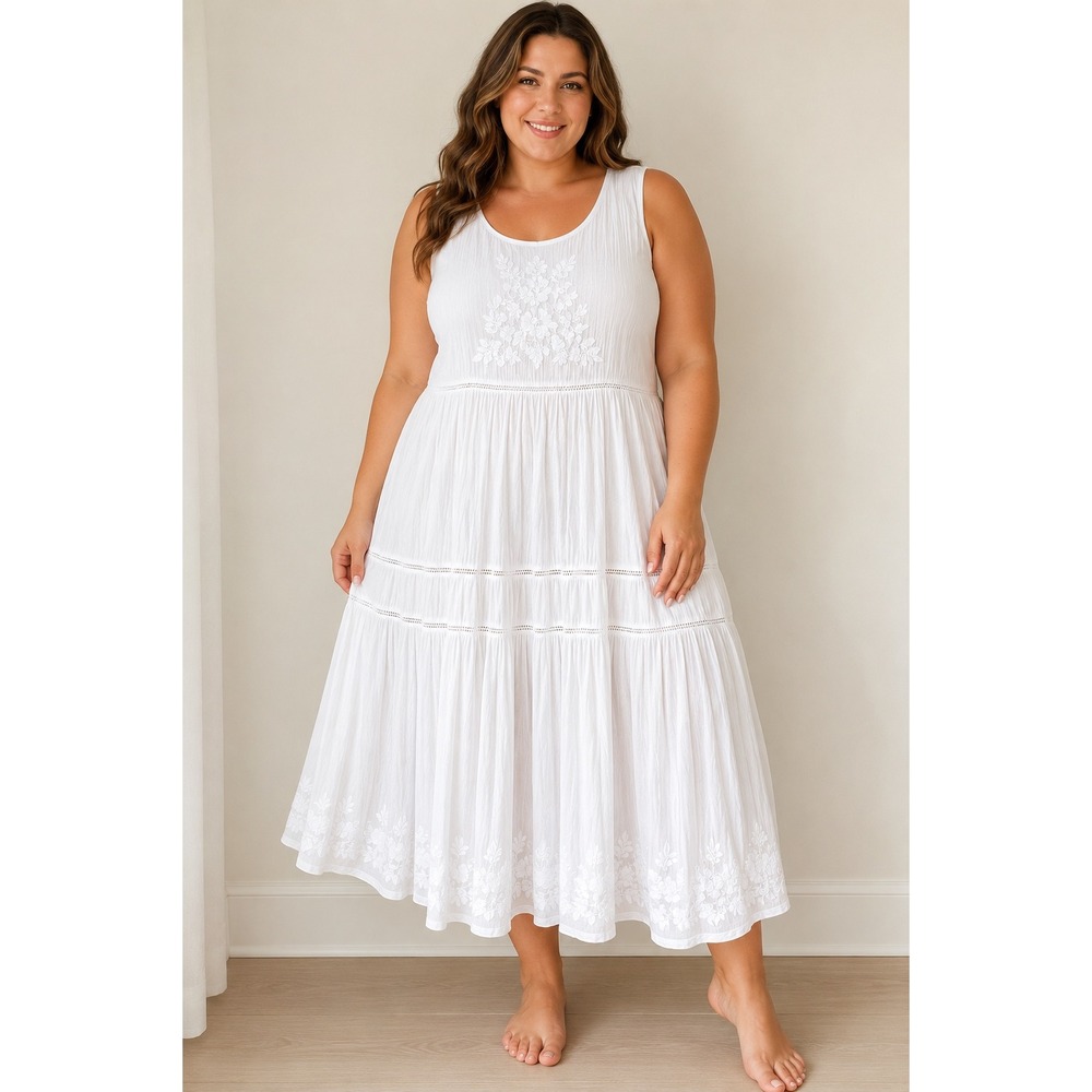 J JILL Maxi Dress 4X White Embroidered Gauze Cotton Blend Tiered Boho Sleeveless - Picture 10 of 10